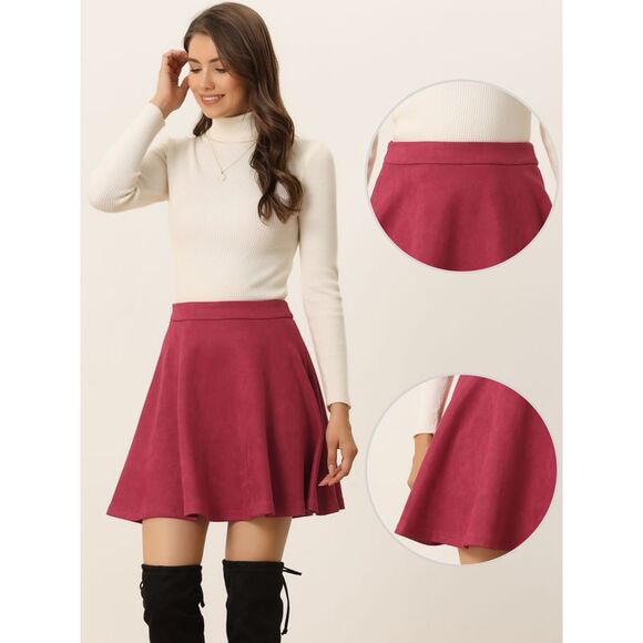 Faux Suede Aline Flare Mini Skirt Red - Picture 2 of 5